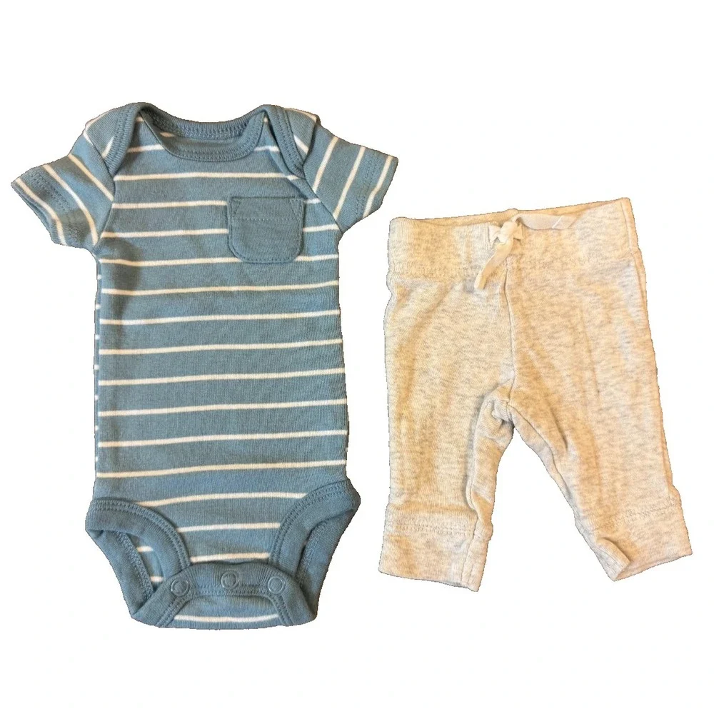 Carters Preemie Baby Boy Outfit Bodysuit‎ Pants 2 Piece Reborn Doll Striped Blue